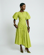 Vibrant Pleated Puff Sleeve Dress