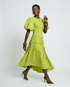 Vibrant Pleated Puff Sleeve Dress