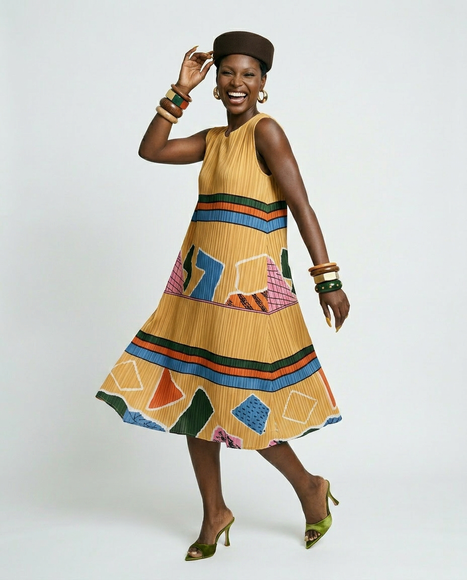 Vibrant Geometric Pleated Midi Dress