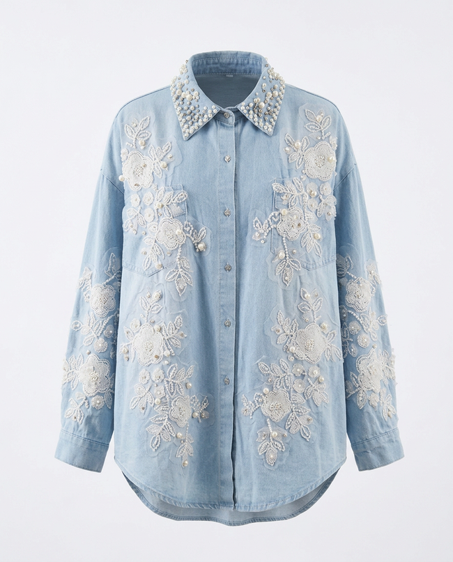 Divine Pearl Floral Denim Blouse Hover Image