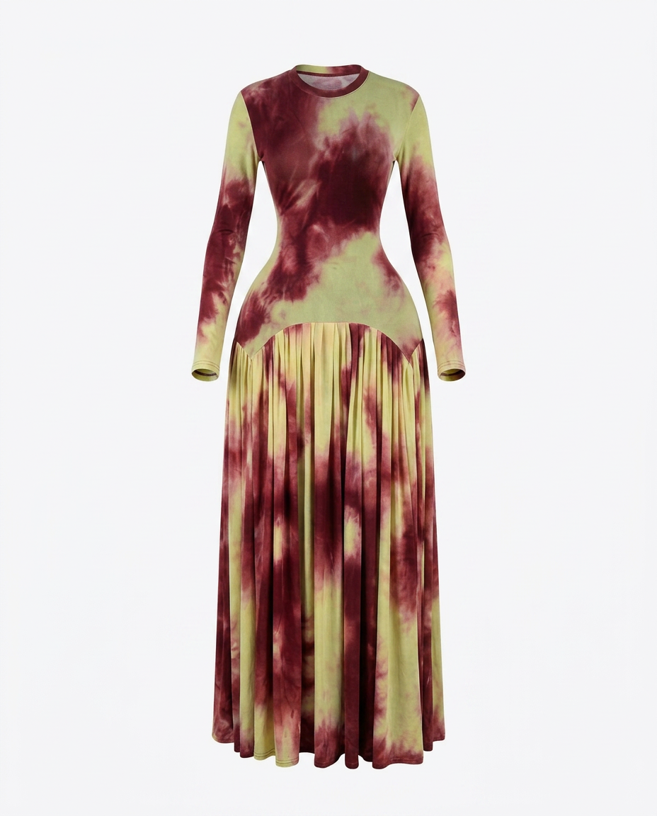 Vibrant Tie-Dye Pleated Maxi Dress
