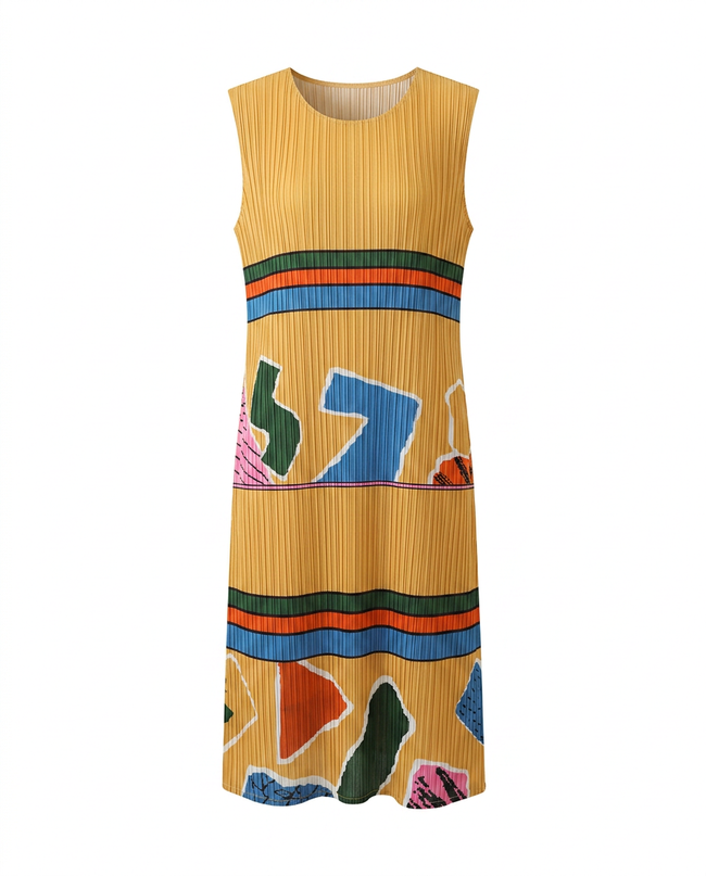 Vibrant Geometric Pleated Midi Dress Hover Image