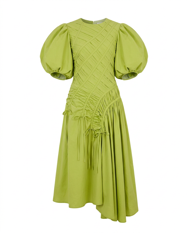 Vibrant Pleated Puff Sleeve Dress Hover Image