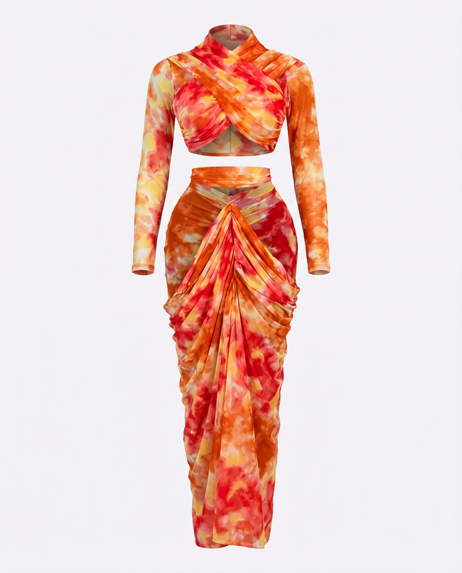 Vibrant Tie-Dye Ruched Maxi Set Hover Image