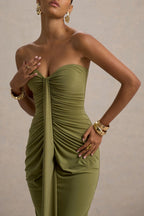 Ali Olive Sweetheart Ruched Wrap Maxi Dress