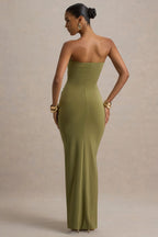 Ali Olive Sweetheart Ruched Wrap Maxi Dress