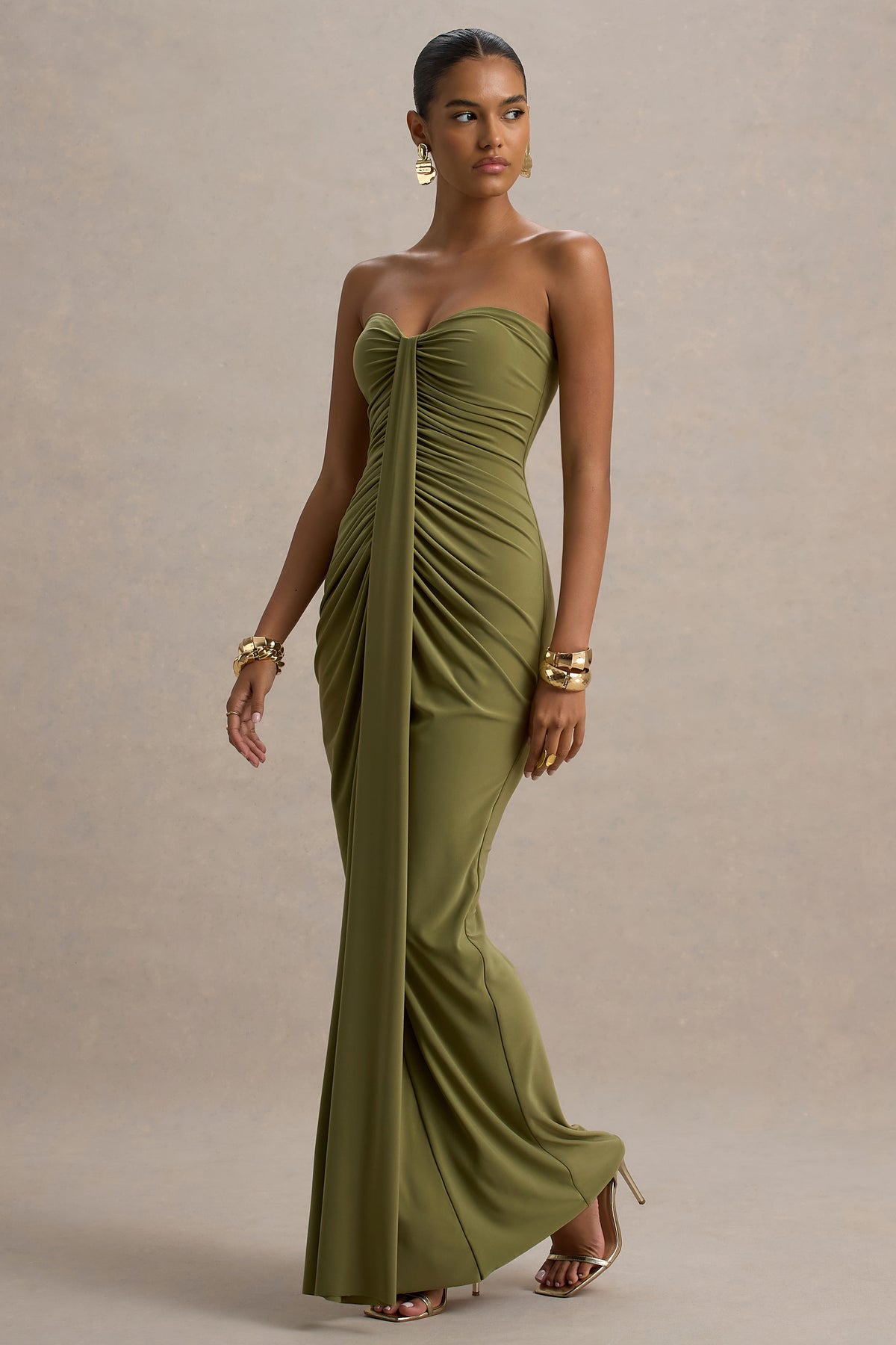 Ali Olive Sweetheart Ruched Wrap Maxi Dress