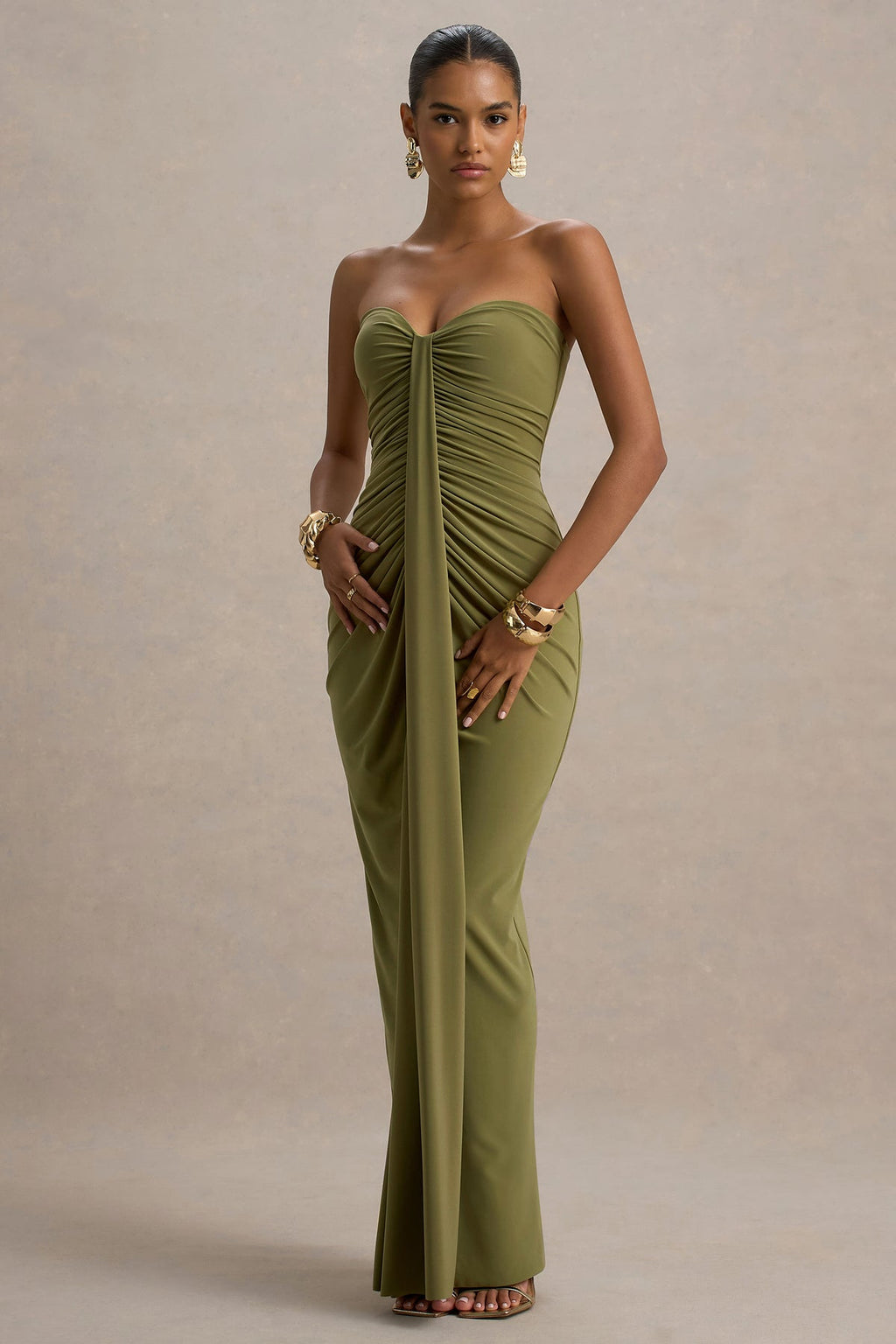 Ali Olive Sweetheart Ruched Wrap Maxi Dress