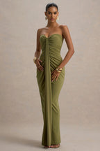 Ali Olive Sweetheart Ruched Wrap Maxi Dress