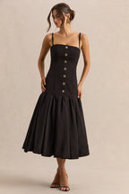Briella Black Bandeau Midi Dress With Gold-Button Detailing