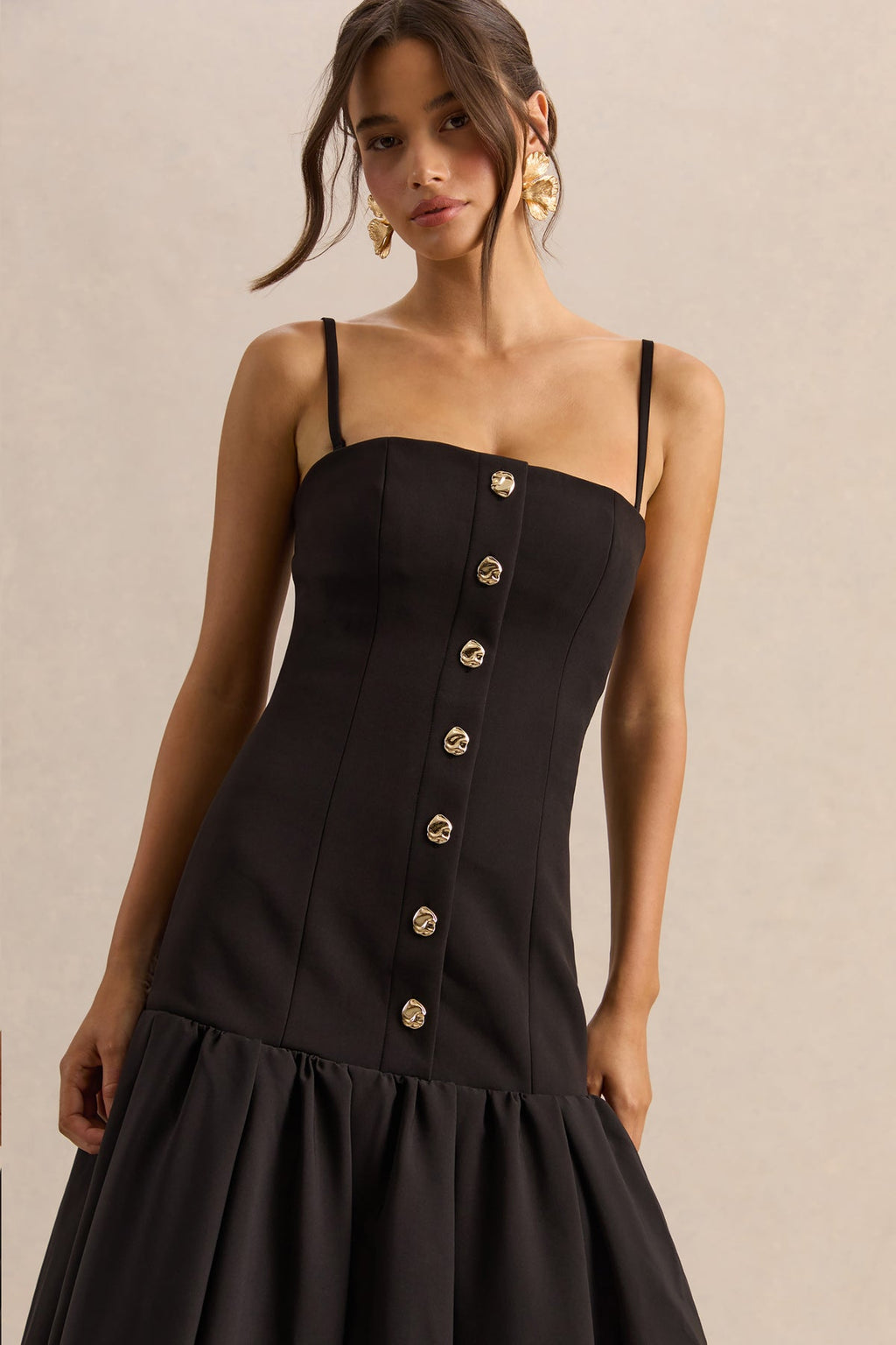 Briella Black Bandeau Midi Dress With Gold-Button Detailing