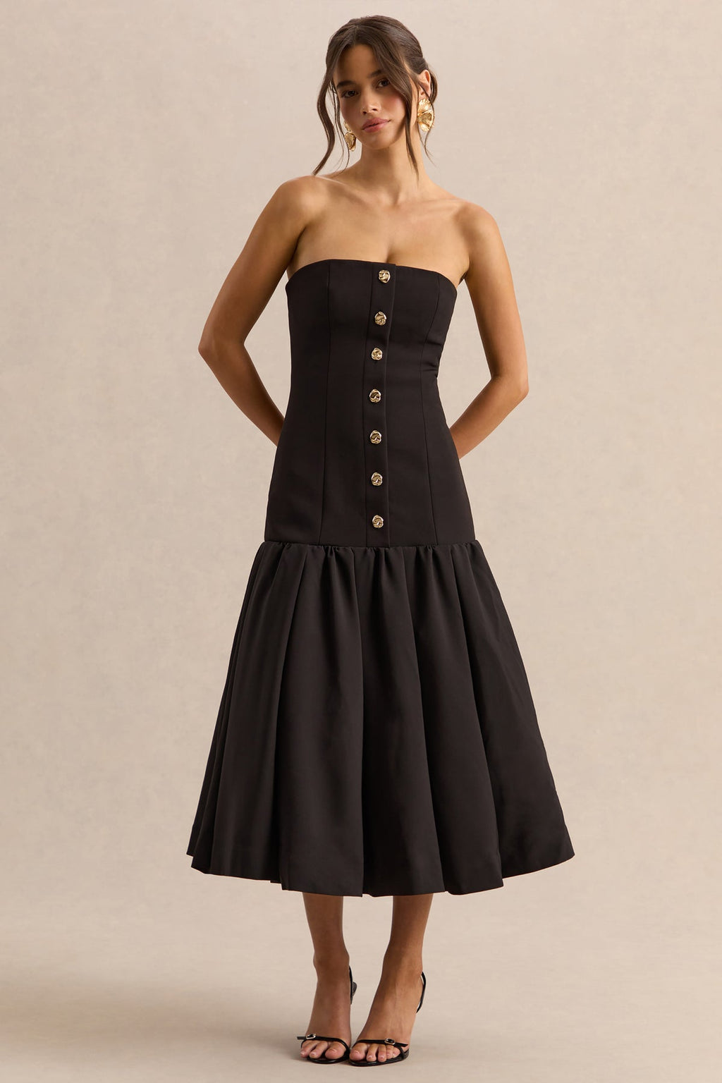 Briella Black Bandeau Midi Dress With Gold-Button Detailing