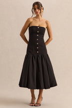 Briella Black Bandeau Midi Dress With Gold-Button Detailing
