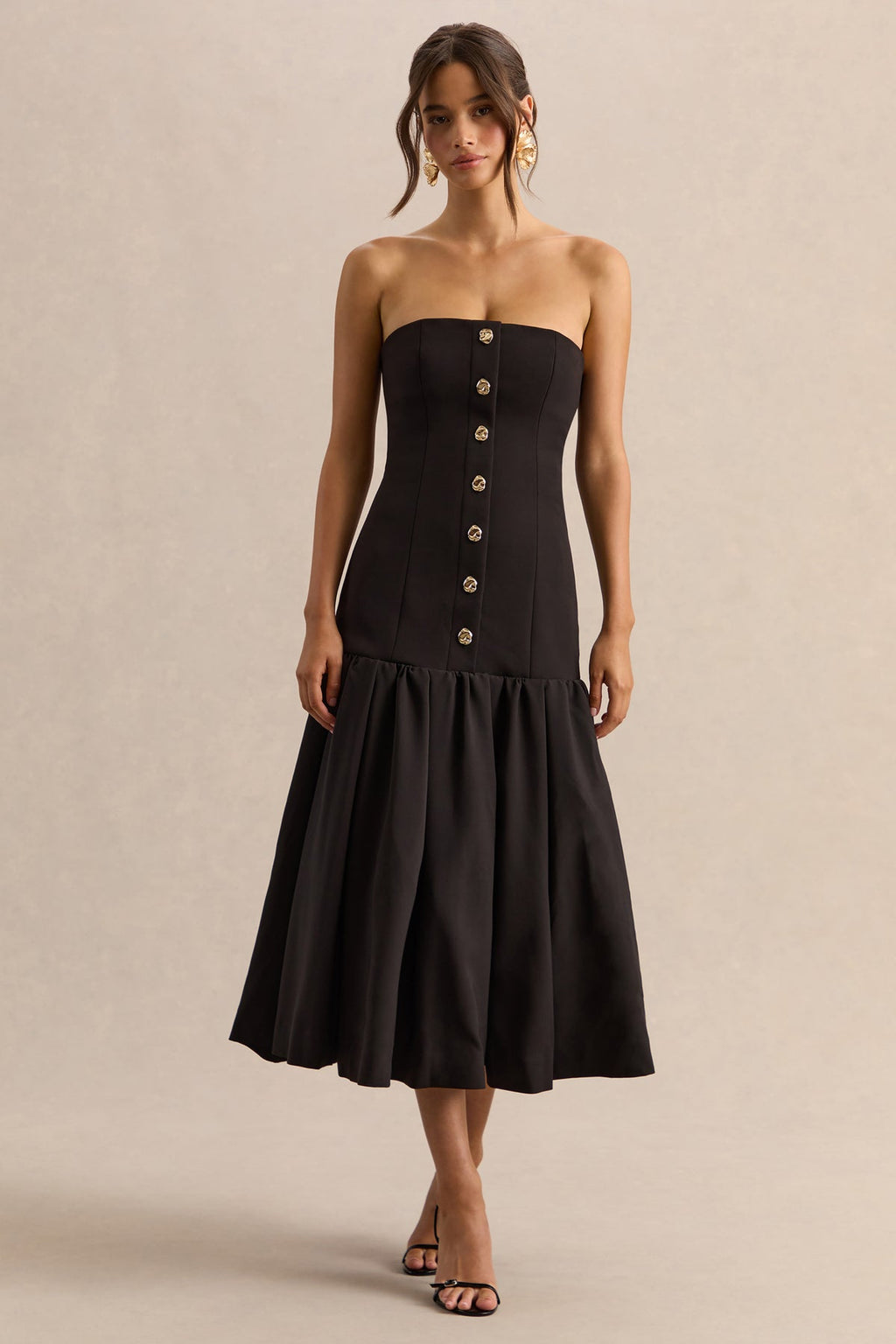 Briella Black Bandeau Midi Dress With Gold-Button Detailing