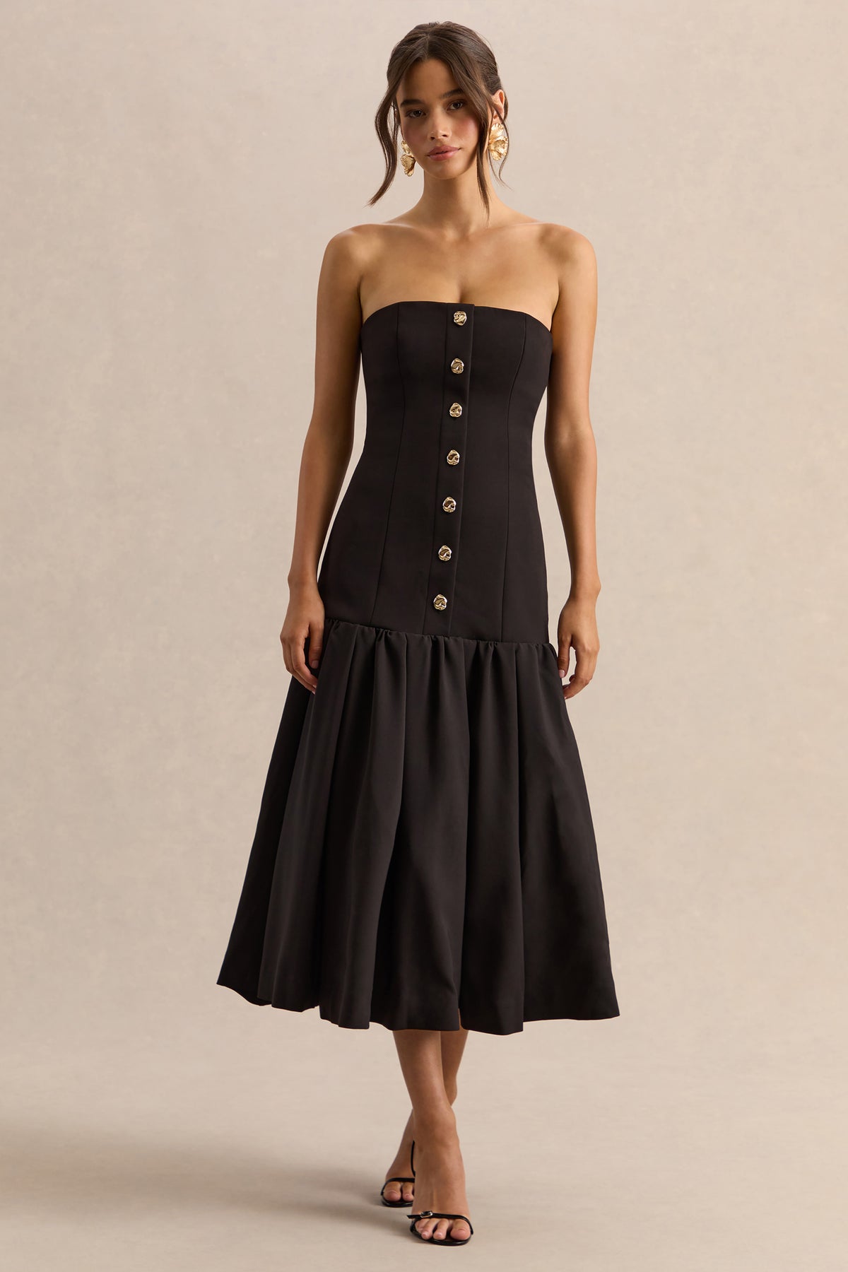 Briella Black Bandeau Midi Dress With Gold-Button Detailing