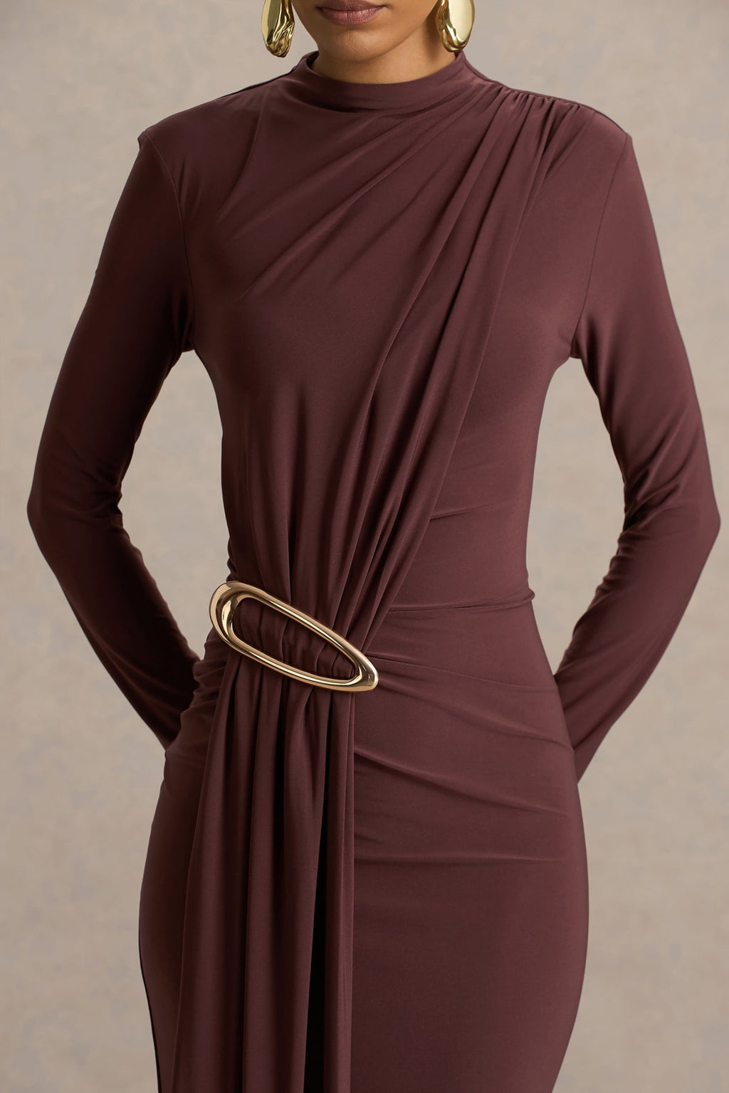 Zadie Brown High-Neck Maxi Dress With Gathered-Detail