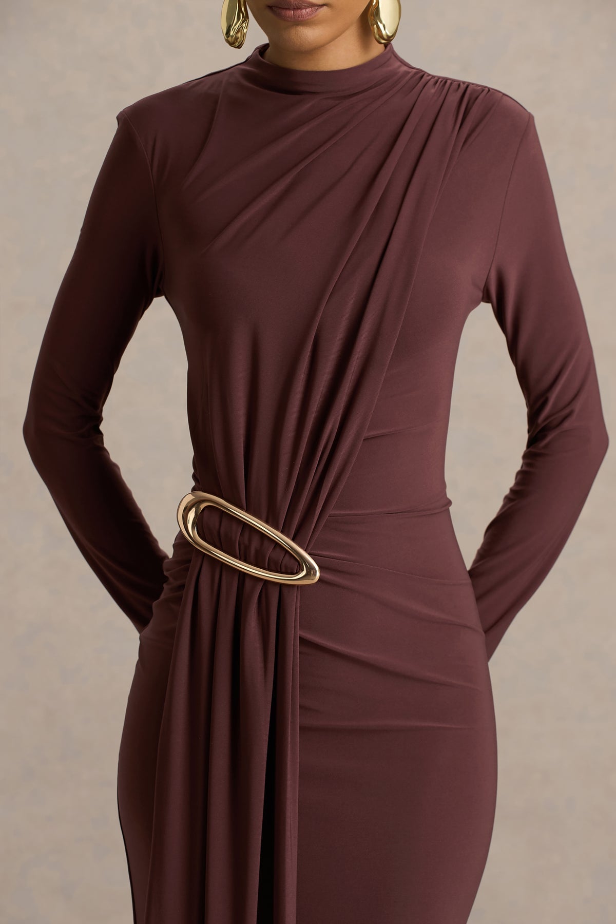 Zadie Brown High-Neck Maxi Dress With Gathered-Detail