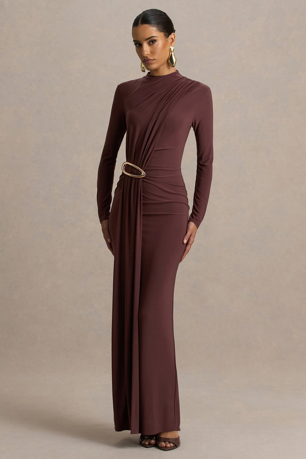 Zadie Brown High-Neck Maxi Dress With Gathered-Detail
