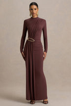 Zadie Brown High-Neck Maxi Dress With Gathered-Detail