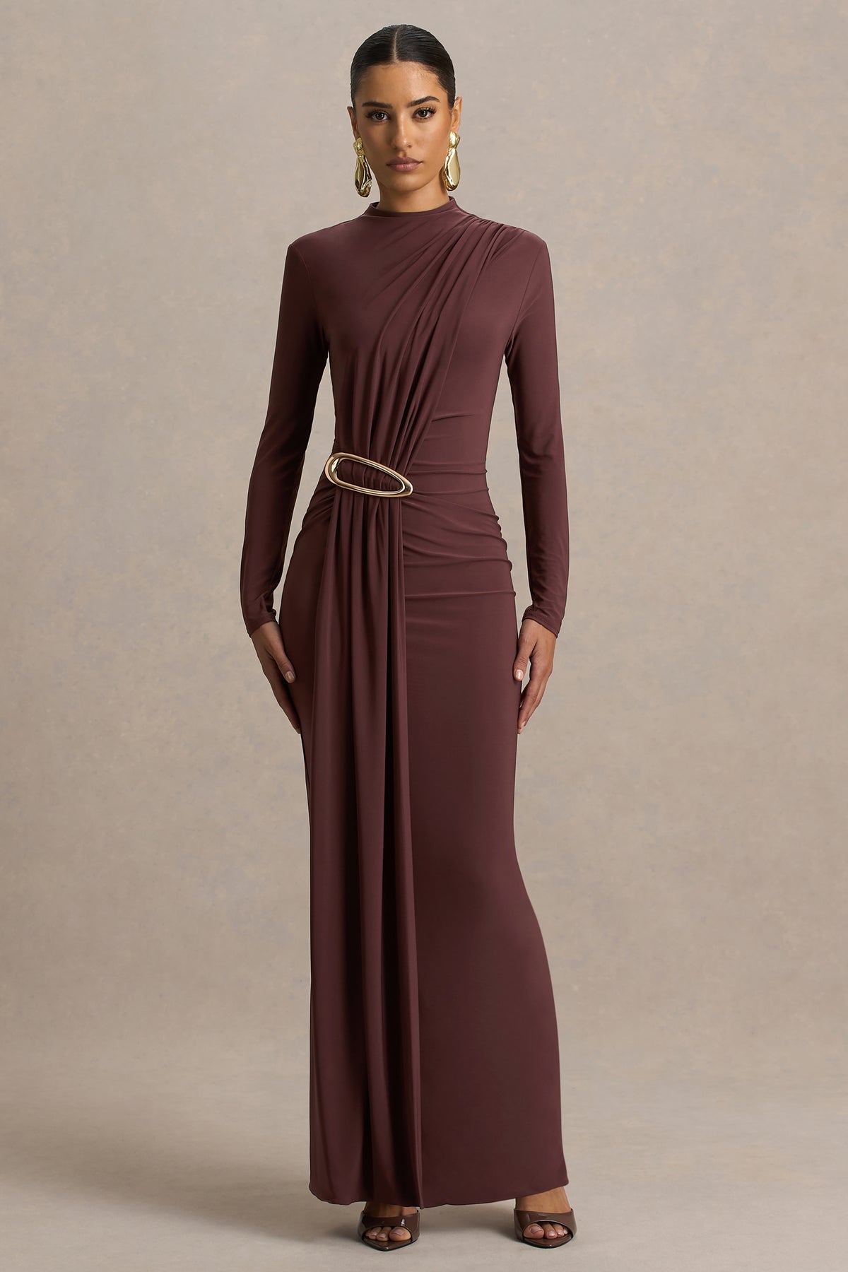 Zadie Brown High-Neck Maxi Dress With Gathered-Detail