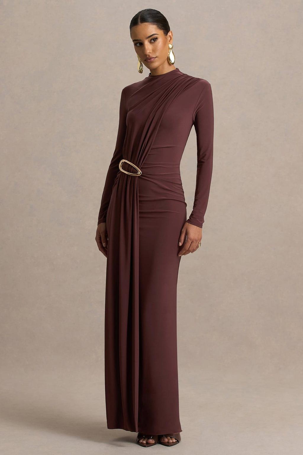 Zadie Brown High-Neck Maxi Dress With Gathered-Detail