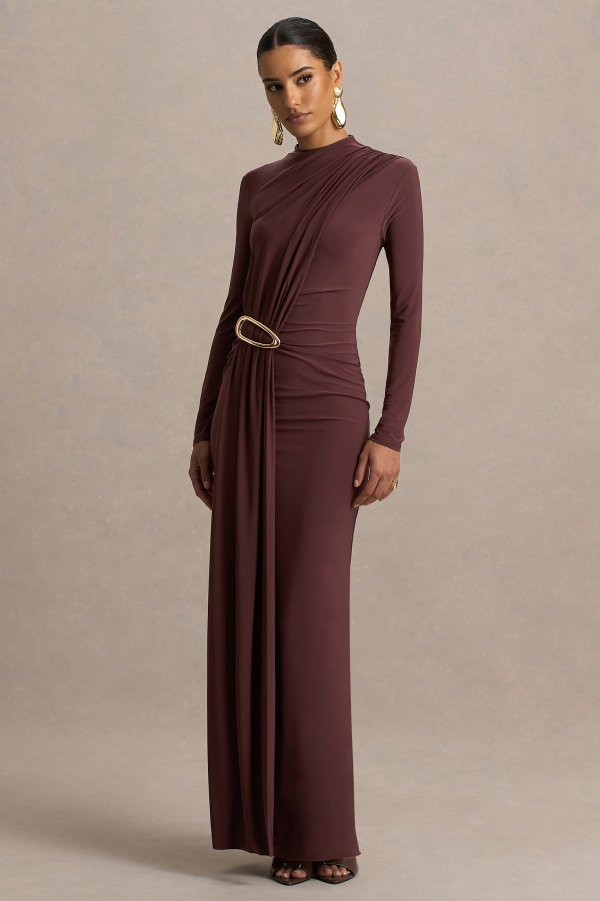 Zadie Brown High-Neck Maxi Dress With Gathered-Detail