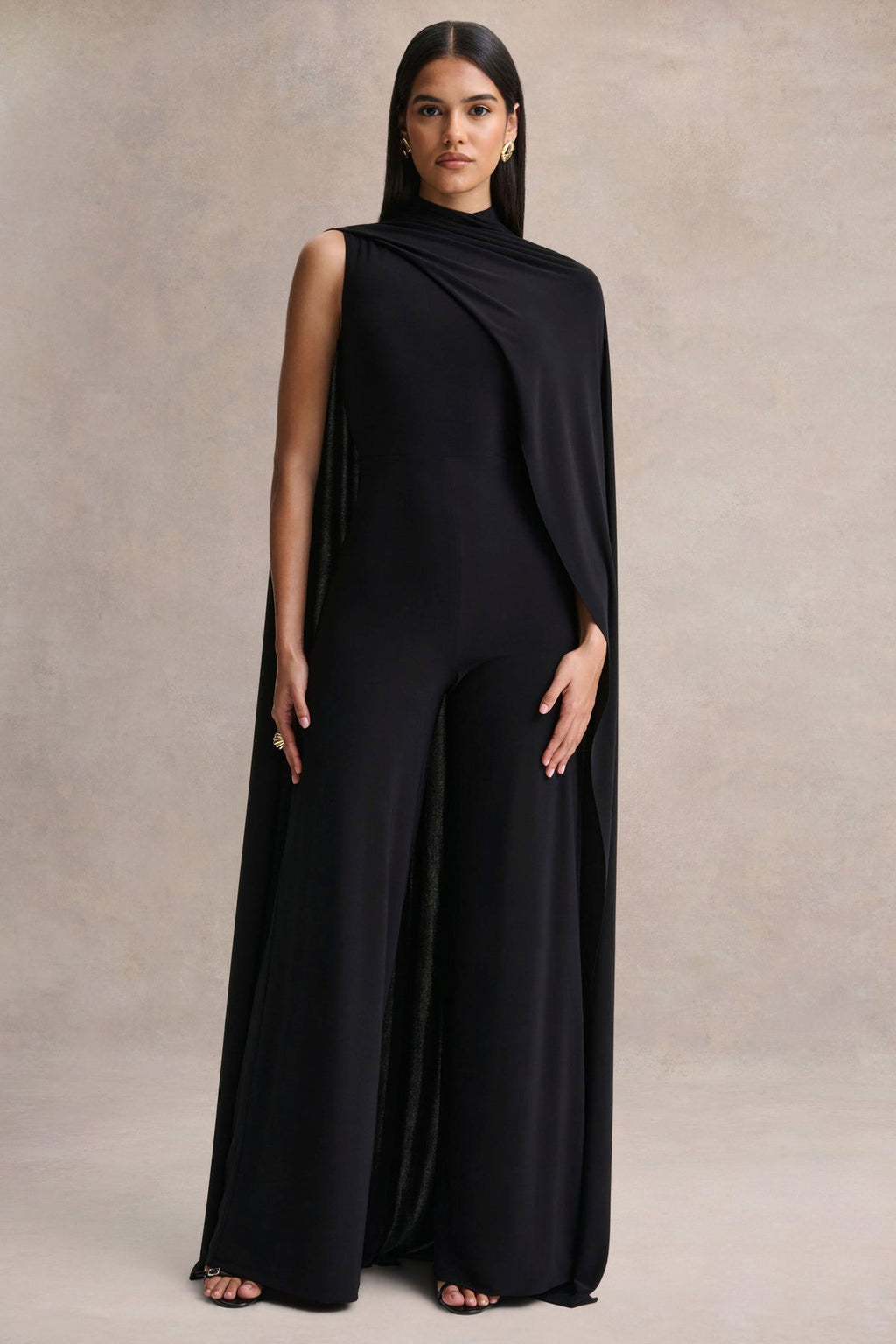 Seema Black High-Neck Jumpsuit With Cape