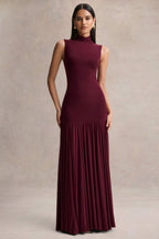 Gigi Burgundy High-Neck Maxi Dress With Drop-Waist And Sheer Skirt