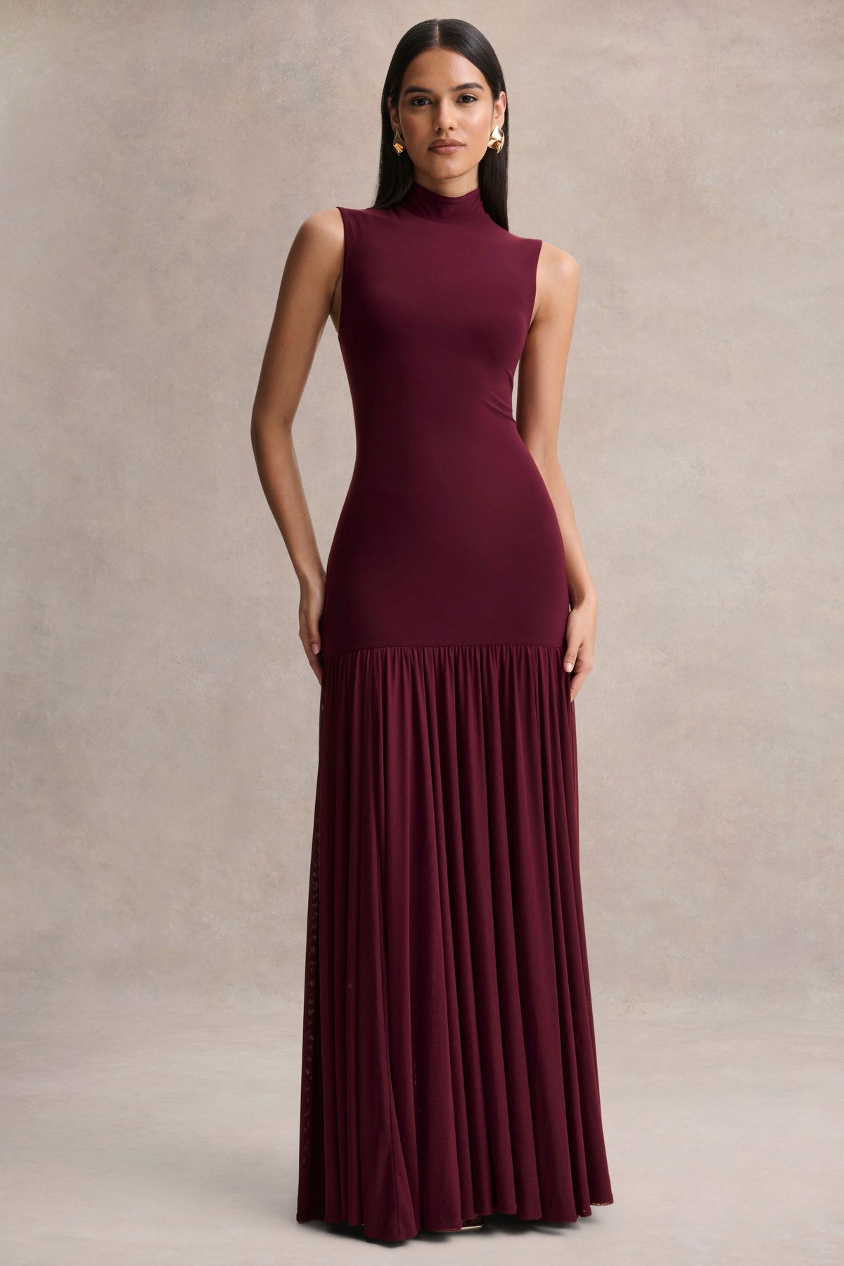 Gigi Burgundy High-Neck Maxi Dress With Drop-Waist And Sheer Skirt
