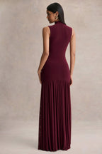 Gigi Burgundy High-Neck Maxi Dress With Drop-Waist And Sheer Skirt