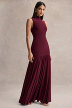 Gigi Burgundy High-Neck Maxi Dress With Drop-Waist And Sheer Skirt