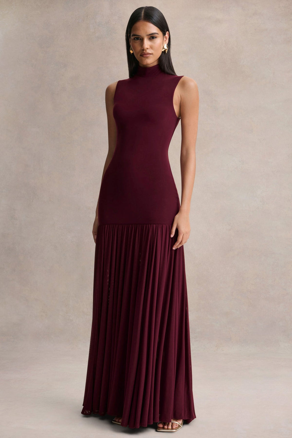 Gigi Burgundy High-Neck Maxi Dress With Drop-Waist And Sheer Skirt