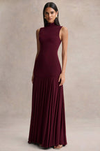 Gigi Burgundy High-Neck Maxi Dress With Drop-Waist And Sheer Skirt