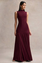 Gigi Burgundy High-Neck Maxi Dress With Drop-Waist And Sheer Skirt