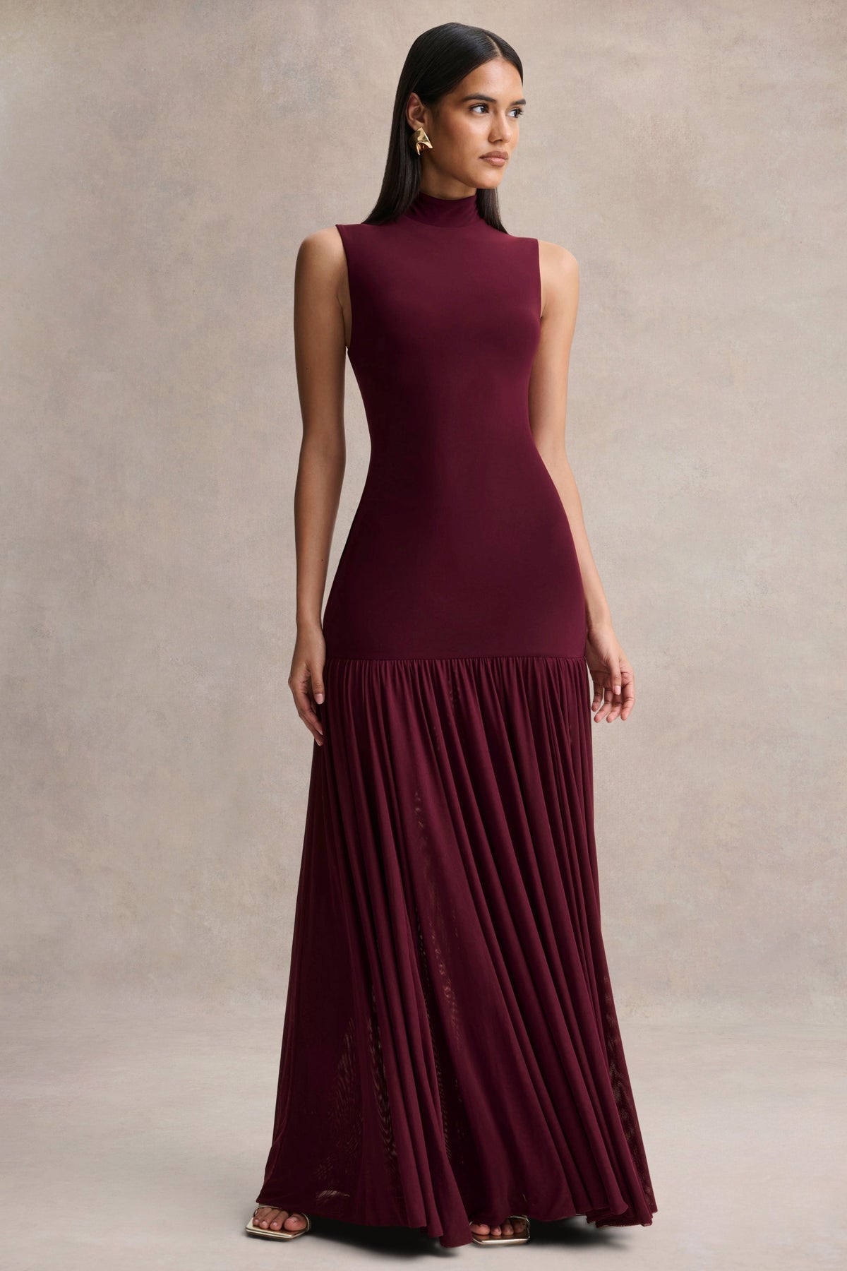 Gigi Burgundy High-Neck Maxi Dress With Drop-Waist And Sheer Skirt
