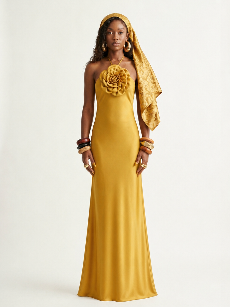 Radiant Gold Halter Maxi Dress