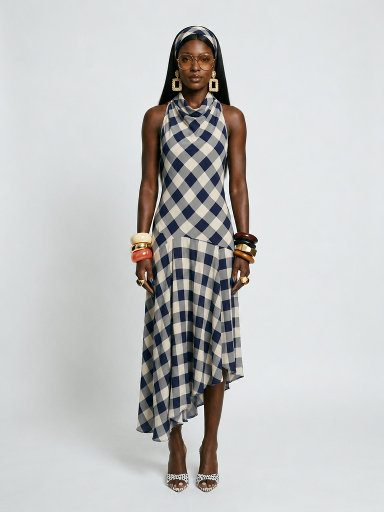 Ethereal Plaid Halter Midi Dress
