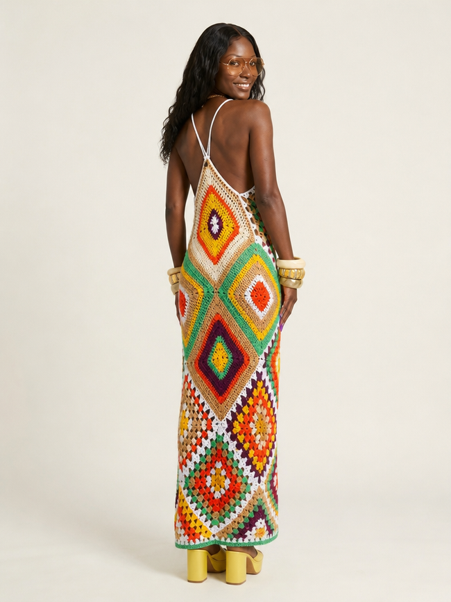 Vibrant Crochet Patchwork Maxi Dress Main Image