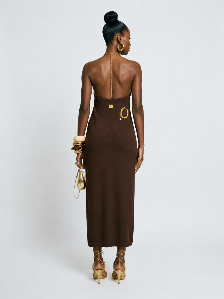 Magnetic Gold Cutout Halter Maxi Dress