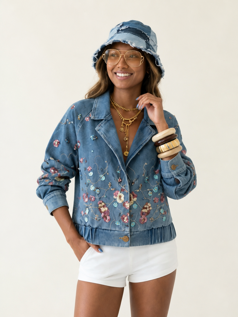 Vibrant Sequin Floral Denim Jacket