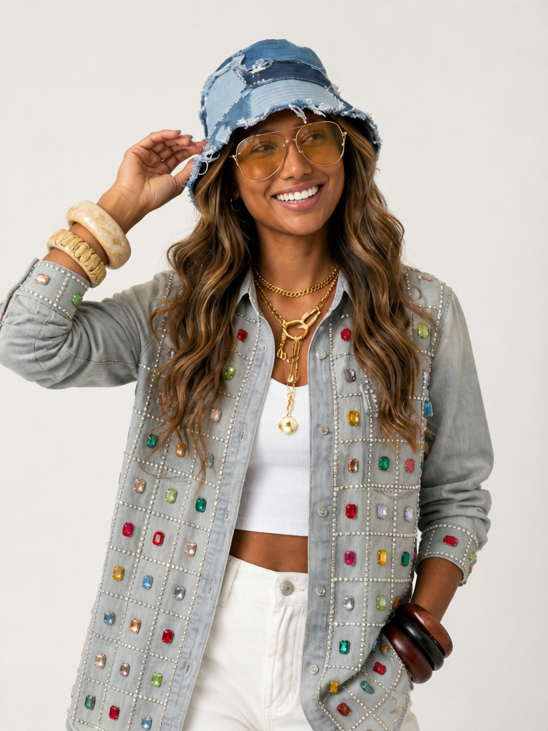 Vibrant Rhinestone Denim Blouse