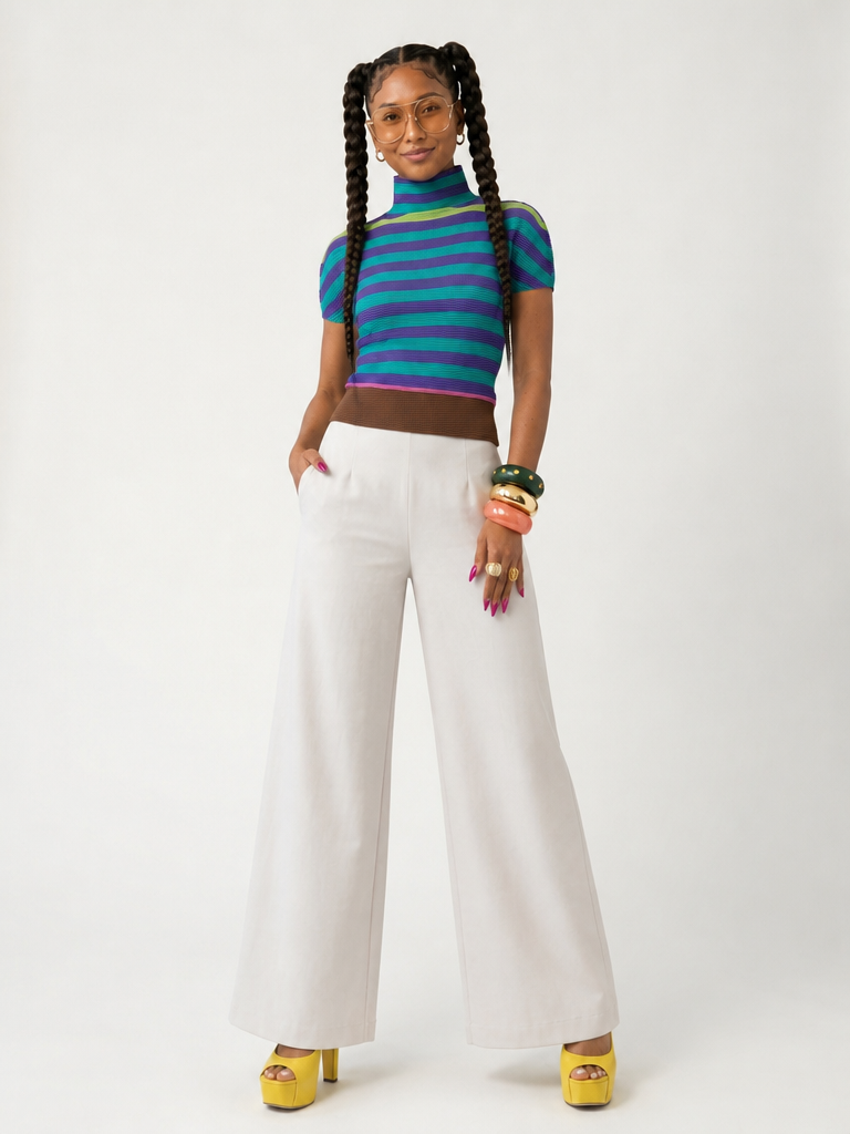 Vibrant Striped Pleated T-shirt