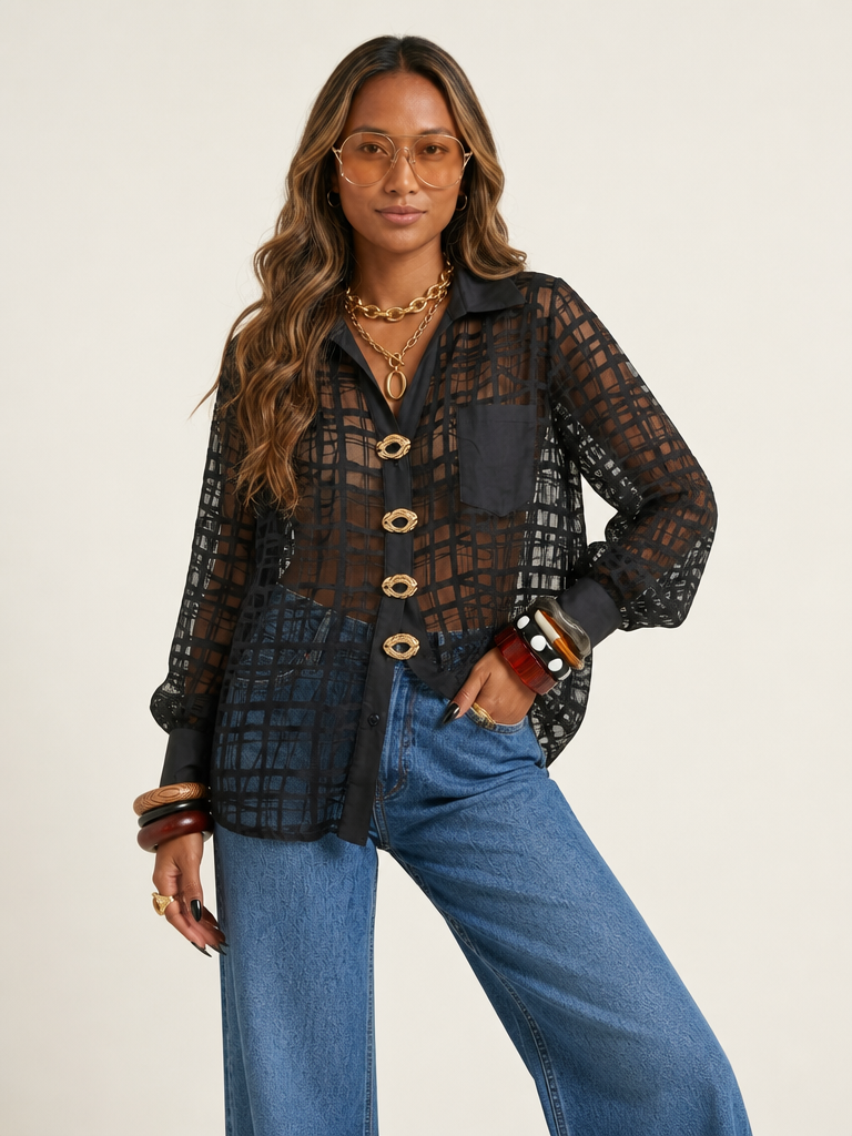 Bold Mesh Plaid Blouse