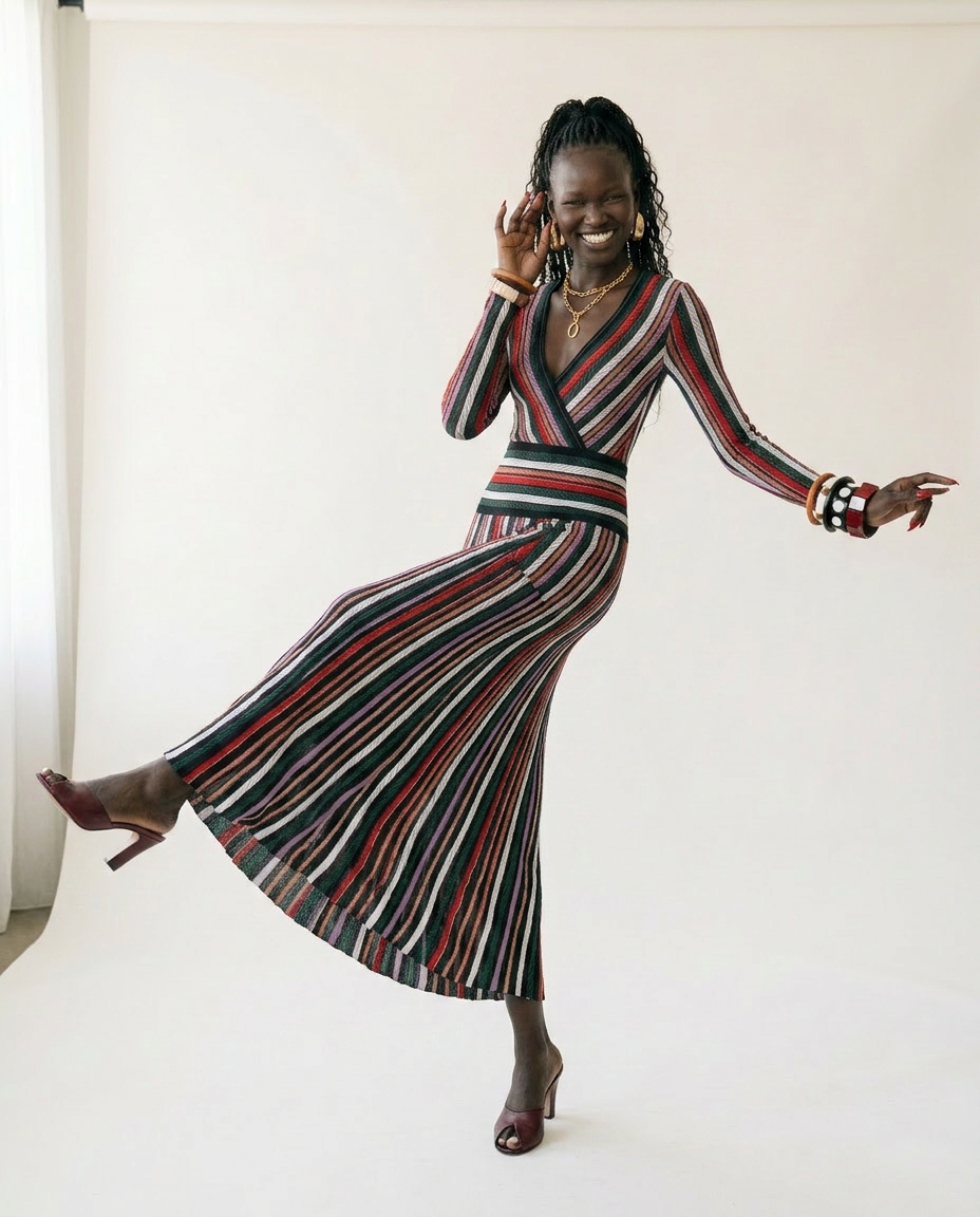 Vibrant Striped Knit Midi Dress