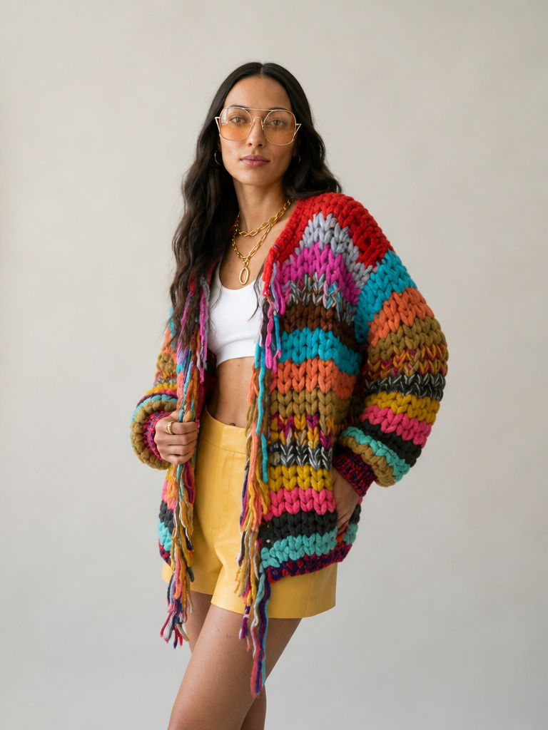 Vibrant Striped Tassel Cardigan