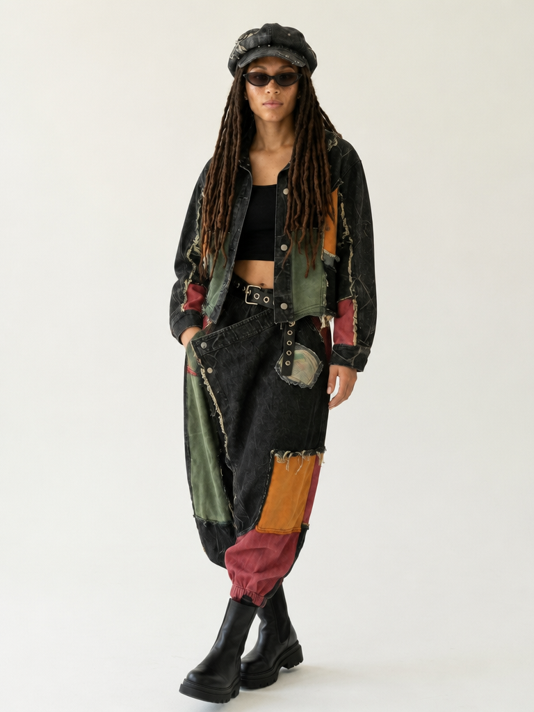Unique Distressed Patchwork Denim Set
