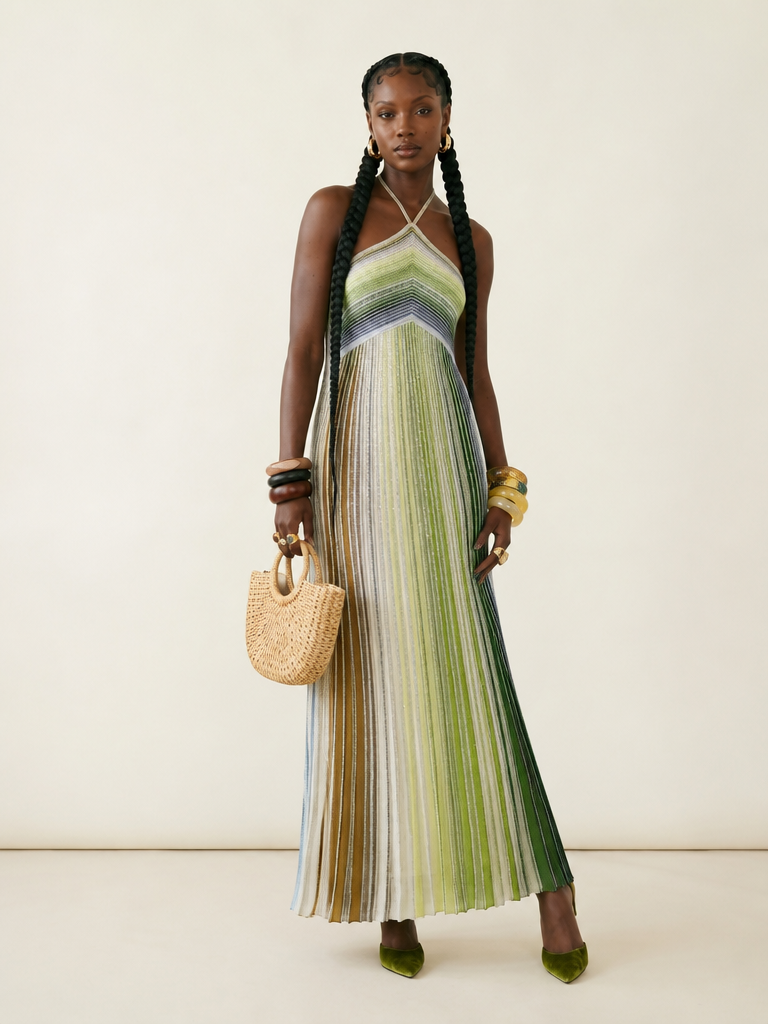 Vibrant Striped Halter Maxi Dress