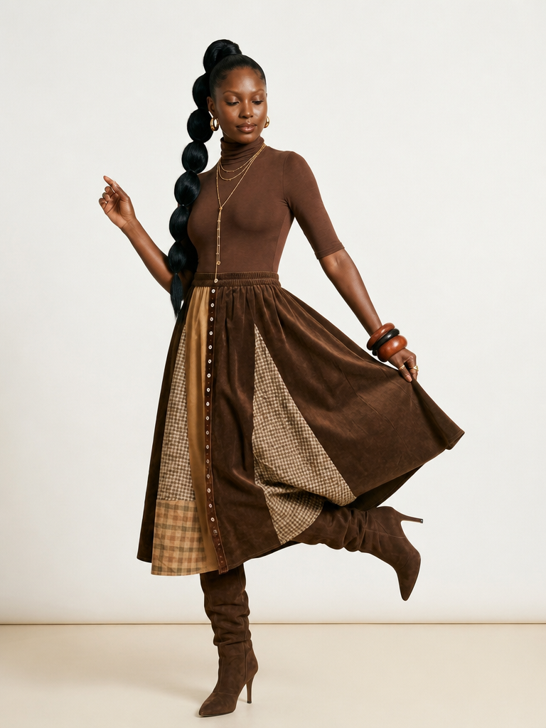 Grounded Plaid Patchwork A-Line Skirt