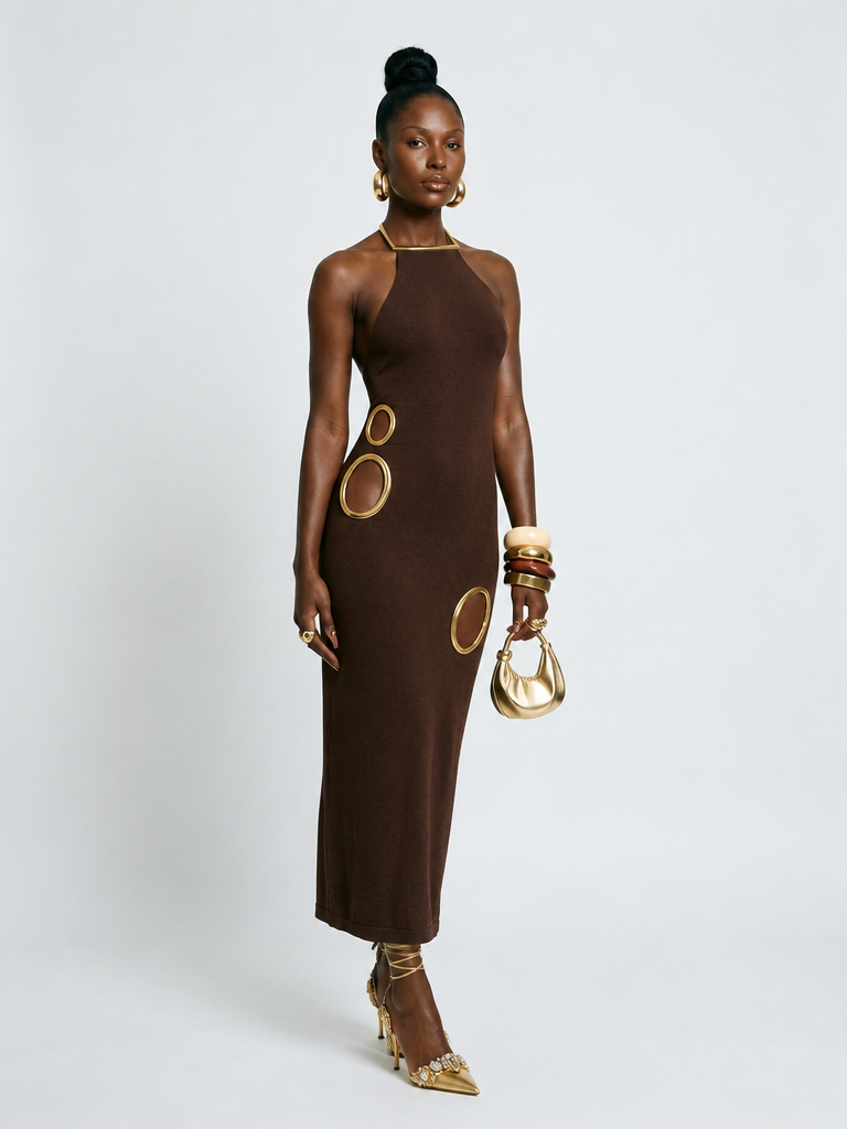 Magnetic Gold Cutout Halter Maxi Dress