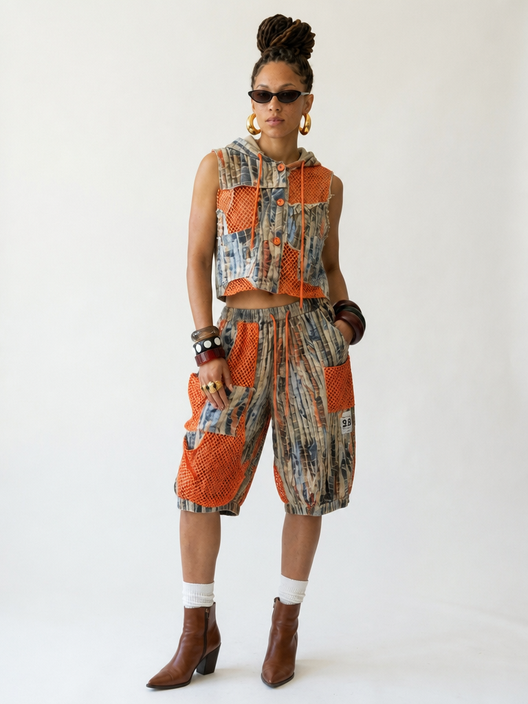 Vibrant Mesh Patchwork Vest Set